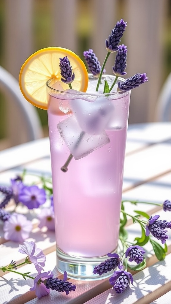 A glass of lavender vodka lemonade garnished with lavender and lemon on a sunny table.